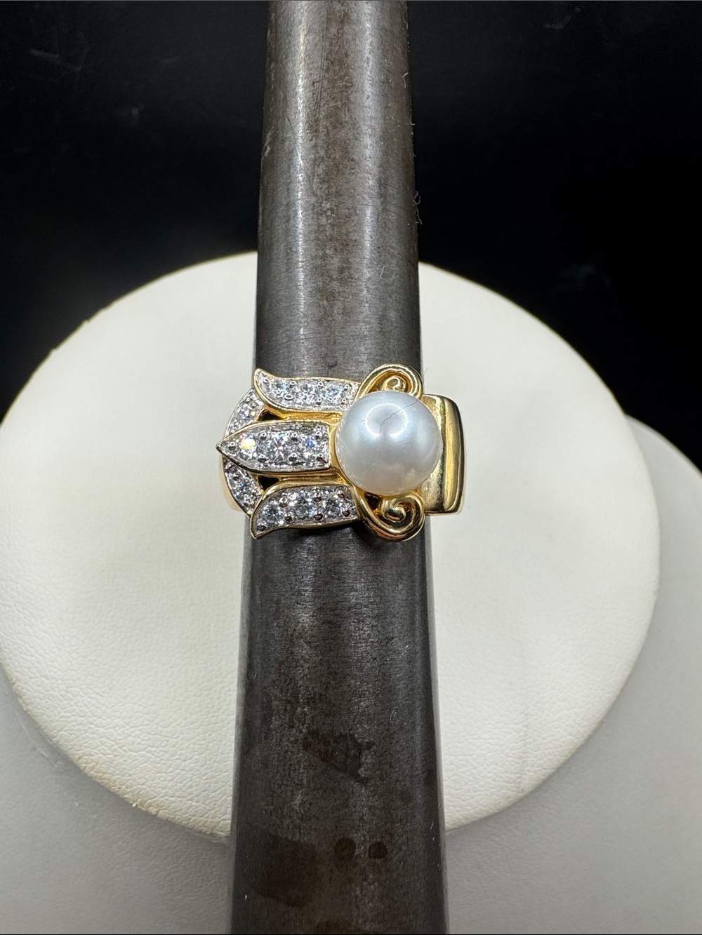 HSN Victoria Wieck Gold overlay sterling silver Real Pearl Ring Pavé Crystal sz7
